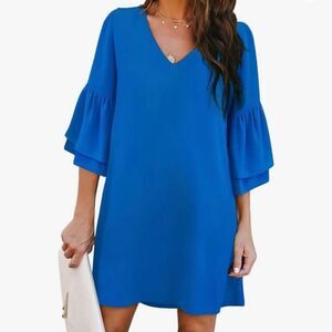 Belongsci women’s electric blue v-neck mini dress w double bell sleeves sz M